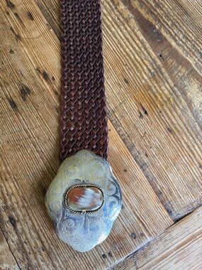 Brown Braided Leather Belt with Ornate Silver-Tone Buckle